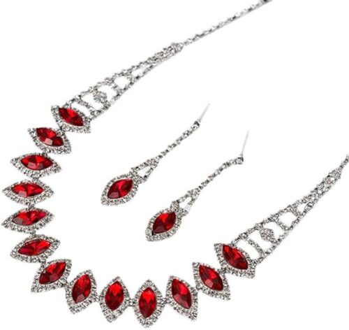 MySouq-Store (1 Set) (Red) Rhinestone Teardrop Dangle Stud Earrings Necklace Wedding Bridal Jewelry Set-B0C6HG6PFN