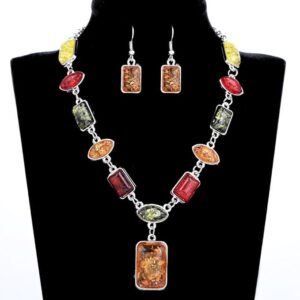 [1 PCs] Square Oval Amber African Style Women Necklace Hook Earrings Party Jewelry Set chic-B0CGTYNDQ8