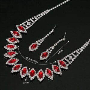 (1 Set) (Red) Rhinestone Teardrop Dangle Stud Earrings Necklace Wedding Bridal Jewelry Set-B0C6HG6PFN