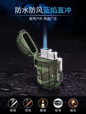 Outdoor Waterproof Lighter with Lanyard Portable Blue Flame Jet Lighter Butane Turbo Cigar Lighter Camping Wading Men's Gadgets (Random Colors May Apply)-B0CBZ4VRNH