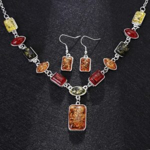 [1 PCs] Square Oval Amber African Style Women Necklace Hook Earrings Party Jewelry Set chic-B0CGTYNDQ8
