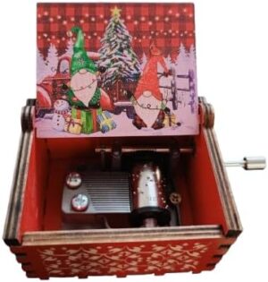 [1Pcs-RED ] Happy Birthday Wooden Hand Cranked Collectible Jingle Bell Themed Brown Music Box - Colorfully CHRISTMAS paint-B0DQ1T4NQY