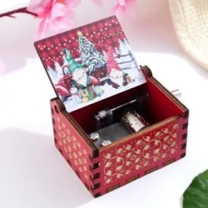[1Pcs] Merry Christmas Wooden Hand Cranked Collectible Jingle Bell Themed Brown Music Box (Colored Merry Christmas Edition) (00129H)-B0CM4B6Q86
