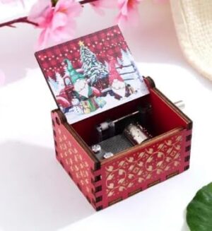[1Pcs] Merry Christmas Wooden Hand Cranked Collectible Jingle Bell Themed Brown Music Box (Colored Merry Christmas Edition) (00129H)-B0CM4B6Q86