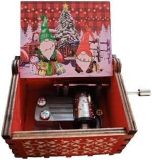 [1Pcs-RED ] Happy Birthday Wooden Hand Cranked Collectible Jingle Bell Themed Brown Music Box - Colorfully CHRISTMAS paint-B0DQ1T4NQY