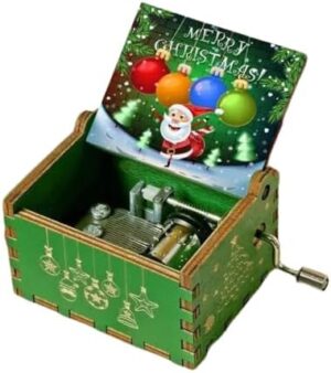 [1Pcs] Merry Christmas Wooden Hand Cranked Collectible Jingle Bell Themed Brown Music Box (Colored Merry Christmas Edition) (C)-B0CKBZ95C9