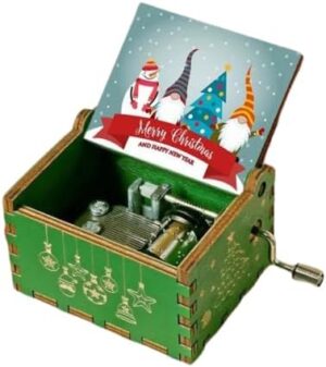 [1Pcs] Merry Christmas Wooden Hand Cranked Collectible Jingle Bell Themed Brown Music Box (Colored Merry Christmas Edition) (A)-B0CKBSR1H6