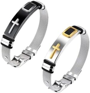 1Pcs - Cross Stainles Steel Mesh Belt Bracelet Fashion Men's Wrist Bracelets On Hand Classic Bracelet Adjustable Jewelry MAx 21Cm-B0DL2DLSWK