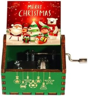 [1Pcs] Merry Christmas Wooden Hand Cranked Collectible Jingle Bell Themed Brown Music Box (Colored Merry Christmas Edition) (00130CH)-B0CM5Z5W85