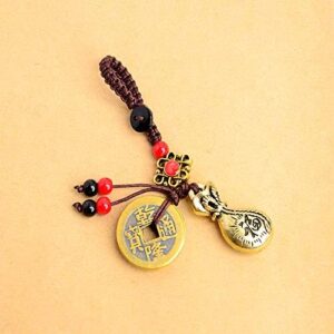 Handmade Rope Lucky Feng Shui Hanging Vintage Brass Money Bag Keychain Pendant Jewelry Ancient Five Emperors Coins Car Key Chain-B0BNXR6YQJ