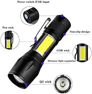 Generic LED Flashlight Long Range Torch USB Rechargeable Waterproof with COB Side Light Flashlight Camping Lanterns-B0BS8GKG3Y