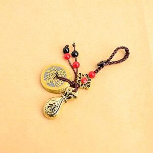 Handmade Rope Lucky Feng Shui Hanging Vintage Brass Money Bag Keychain Pendant Jewelry Ancient Five Emperors Coins Car Key Chain-B0BNXR6YQJ
