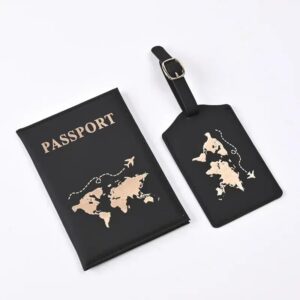 New Passport Cover Luggage Tag Set PU Leather Passport Protector Luggage Tags Passport Wallet ID Card Ticket Clip As Set Show (Black 1set)-B0DVQGZGQ3