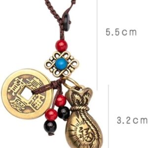 Handmade Rope Lucky Feng Shui Hanging Vintage Brass Money Bag Keychain Pendant Jewelry Ancient Five Emperors Coins Car Key Chain-B0BNXR6YQJ