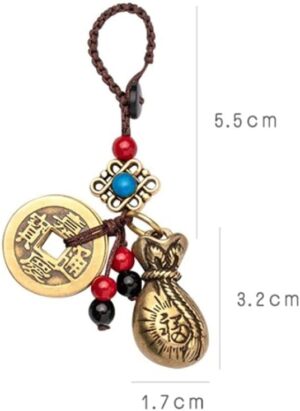 Handmade Rope Lucky Feng Shui Hanging Vintage Brass Money Bag Keychain Pendant Jewelry Ancient Five Emperors Coins Car Key Chain-B0BNXR6YQJ