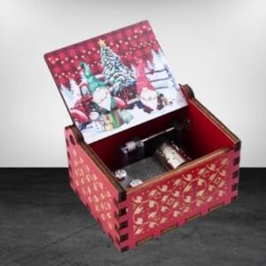 [1Pcs] Merry Christmas Wooden Hand Cranked Collectible Jingle Bell Themed Brown Music Box (Colored Merry Christmas Edition) (00129H)-B0CM4B6Q86