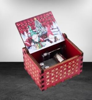 [1Pcs] Merry Christmas Wooden Hand Cranked Collectible Jingle Bell Themed Brown Music Box (Colored Merry Christmas Edition) (00129H)-B0CM4B6Q86