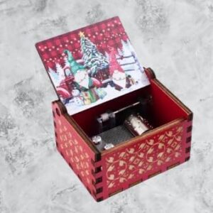 [1Pcs] Merry Christmas Wooden Hand Cranked Collectible Jingle Bell Themed Brown Music Box (Colored Merry Christmas Edition) (00129H)-B0CM4B6Q86