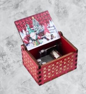 [1Pcs] Merry Christmas Wooden Hand Cranked Collectible Jingle Bell Themed Brown Music Box (Colored Merry Christmas Edition) (00129H)-B0CM4B6Q86