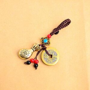 Handmade Rope Lucky Feng Shui Hanging Vintage Brass Money Bag Keychain Pendant Jewelry Ancient Five Emperors Coins Car Key Chain-B0BNXR6YQJ