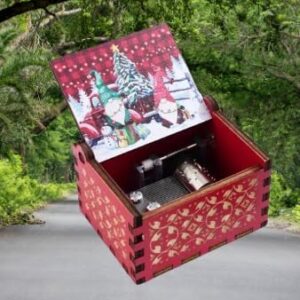 [1Pcs] Merry Christmas Wooden Hand Cranked Collectible Jingle Bell Themed Brown Music Box (Colored Merry Christmas Edition) (00129H)-B0CM4B6Q86