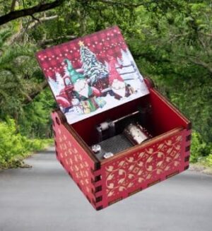 [1Pcs] Merry Christmas Wooden Hand Cranked Collectible Jingle Bell Themed Brown Music Box (Colored Merry Christmas Edition) (00129H)-B0CM4B6Q86