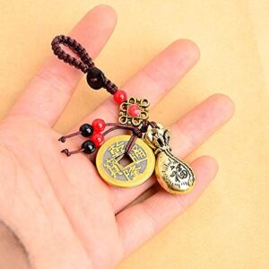 Handmade Rope Lucky Feng Shui Hanging Vintage Brass Money Bag Keychain Pendant Jewelry Ancient Five Emperors Coins Car Key Chain-B0BNXR6YQJ