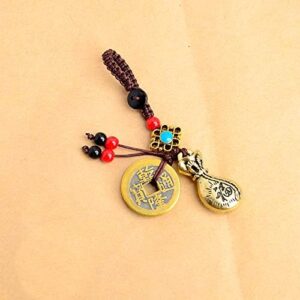 Handmade Rope Lucky Feng Shui Hanging Vintage Brass Money Bag Keychain Pendant Jewelry Ancient Five Emperors Coins Car Key Chain-B0BNXR6YQJ