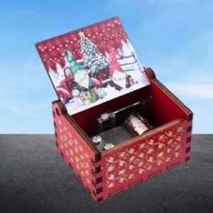 [1Pcs] Merry Christmas Wooden Hand Cranked Collectible Jingle Bell Themed Brown Music Box (Colored Merry Christmas Edition) (00129H)-B0CM4B6Q86