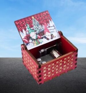 [1Pcs] Merry Christmas Wooden Hand Cranked Collectible Jingle Bell Themed Brown Music Box (Colored Merry Christmas Edition) (00129H)-B0CM4B6Q86