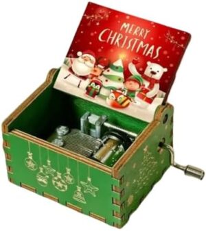 [1Pcs] Merry Christmas Wooden Hand Cranked Collectible Jingle Bell Themed Brown Music Box (Colored Merry Christmas Edition) (D)-B0CKF9WKYC