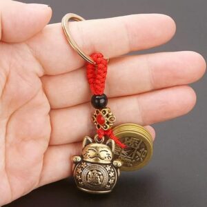 1 pcs - Pure Handmade Brass Lucky Cat Car Keychain Lucky Cat Five Emperors Money Keychain Feng Shui Coins Solid Lucky Key Rings-B0BXTXXL4Z