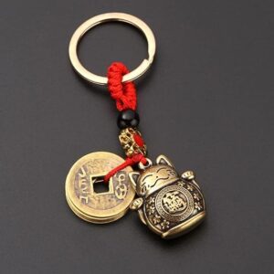 1 pcs - Pure Handmade Brass Lucky Cat Car Keychain Lucky Cat Five Emperors Money Keychain Feng Shui Coins Solid Lucky Key Rings-B0BXTXXL4Z