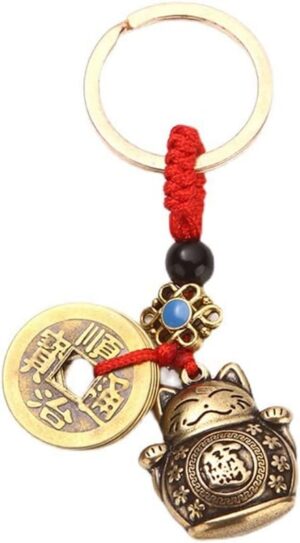 1 pcs - Pure Handmade Brass Lucky Cat Car Keychain Lucky Cat Five Emperors Money Keychain Feng Shui Coins Solid Lucky Key Rings-B0BXTXXL4Z