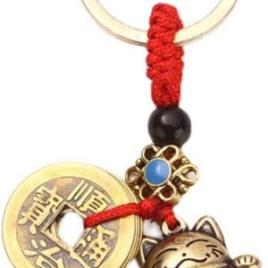 1 pcs - Pure Handmade Brass Lucky Cat Car Keychain Lucky Cat Five Emperors Money Keychain Feng Shui Coins Solid Lucky Key Rings-B0BXTXXL4Z