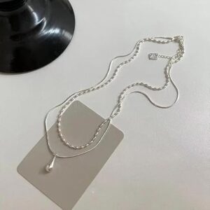 Fashion Silver Color Double Layer Waterdrop Pendant Necklace for Women Minimalist Metal Bead Clavicle Chain Necklace Jewelry As Shown-B0DVT3BMX9