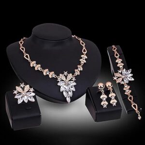 New 4Pcs Jewelry Set Flower Design Birthday Gift Durable Necklace Earrings Bracelet Ring Jewelry Set for Wedding Gift-B0C562458S