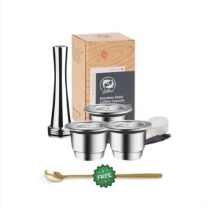 [ 3 Cpsuls Stainless +Stainless Gift Spoon ] For Reusable Coffee Capsule Stainless Steel Rich Crema Espresso Refillable Filters Pod Fit Inissia Pixie Essenza Mini-B0DFWR5QHJ