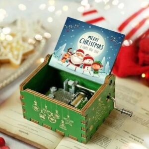 [1Pcs] Merry Christmas Wooden Hand Cranked Collectible Jingle Bell Themed Brown Music Box (Colored Merry Christmas Edition) (C)-B0CKBZ95C9