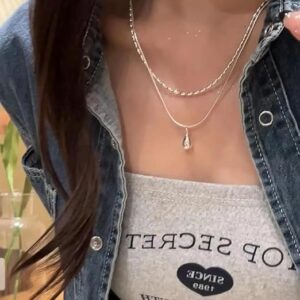 Fashion Silver Color Double Layer Waterdrop Pendant Necklace for Women Minimalist Metal Bead Clavicle Chain Necklace Jewelry As Shown-B0DVT3BMX9