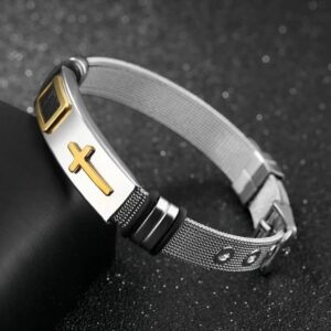1Pcs - Cross Stainles Steel Mesh Belt Bracelet Fashion Men's Wrist Bracelets On Hand Classic Bracelet Adjustable Jewelry MAx 21Cm-B0DL2DLSWK
