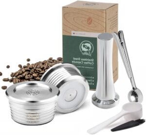[2 Cpsuls Stainless + Tamper ] Reusable stainless steel coffee capsule kitchen reusable coffee capsule cup filter compatible with Delta (Q) coffee accessories,-B0DHLV4V7K