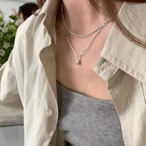 Fashion Silver Color Double Layer Waterdrop Pendant Necklace for Women Minimalist Metal Bead Clavicle Chain Necklace Jewelry As Shown-B0DVT3BMX9