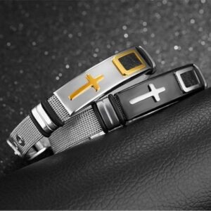 1Pcs - Cross Stainles Steel Mesh Belt Bracelet Fashion Men's Wrist Bracelets On Hand Classic Bracelet Adjustable Jewelry MAx 21Cm-B0DL2DLSWK