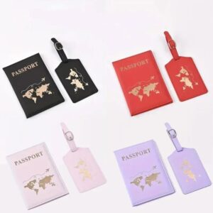 New Passport Cover Luggage Tag Set PU Leather Passport Protector Luggage Tags Passport Wallet ID Card Ticket Clip As Set Show (Black 1set)-B0DVQGZGQ3