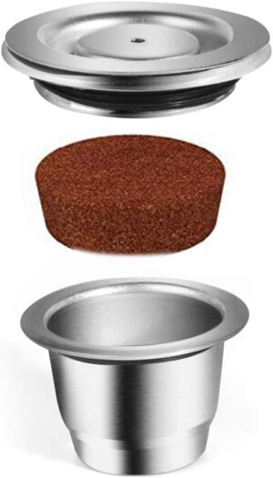 [ 3 Cpsuls Stainless +Stainless Gift Spoon ] For Reusable Coffee Capsule Stainless Steel Rich Crema Espresso Refillable Filters Pod Fit Inissia Pixie Essenza Mini-B0DFWR5QHJ