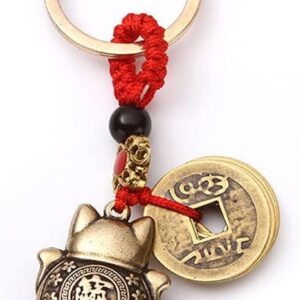 1 pcs - Pure Handmade Brass Lucky Cat Car Keychain Lucky Cat Five Emperors Money Keychain Feng Shui Coins Solid Lucky Key Rings-B0BXTXXL4Z