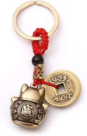 1 pcs - Pure Handmade Brass Lucky Cat Car Keychain Lucky Cat Five Emperors Money Keychain Feng Shui Coins Solid Lucky Key Rings-B0BXTXXL4Z