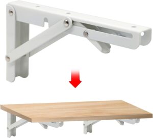 Sturdy Folding Shelf Brackets Small Arm White Heavy Duty Triangle Wall Mount Collapsible Shelf Bracket with Install Screws for Small Bench Table Space Saving 2 Pcs, (16 Inch = 40.64 Cm)-B0DXCK1R4B