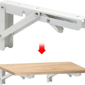 Sturdy Folding Shelf Brackets Small Arm White Heavy Duty Triangle Wall Mount Collapsible Shelf Bracket with Install Screws for Small Bench Table Space Saving 2 Pcs, (16 Inch = 40.64 Cm)-B0DXCK1R4B